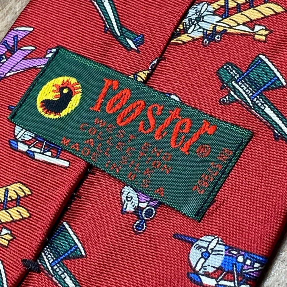 Vintage Rooster Novelty Tie Biplane Mens Red Silk USA‎  West End